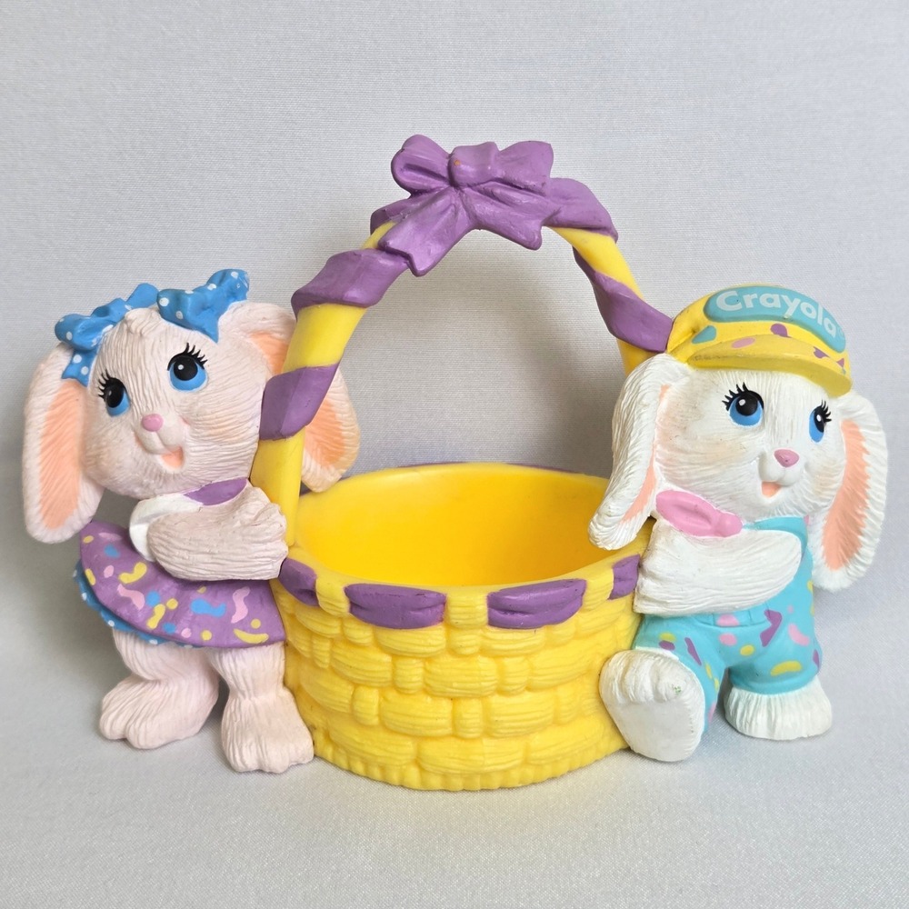 Hallmark Crayola Bunny Figurine, Bunnies Easter Basket, 5"x3.5"x1.75" Vtg 1991‎